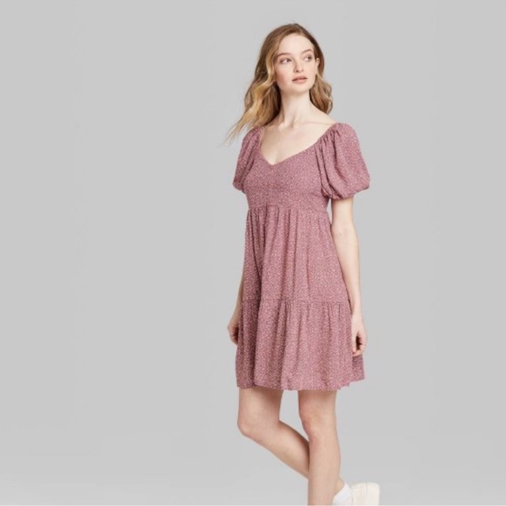 Wild Fable Mauve with white polka dots Tiered Mini Dress Size Large
